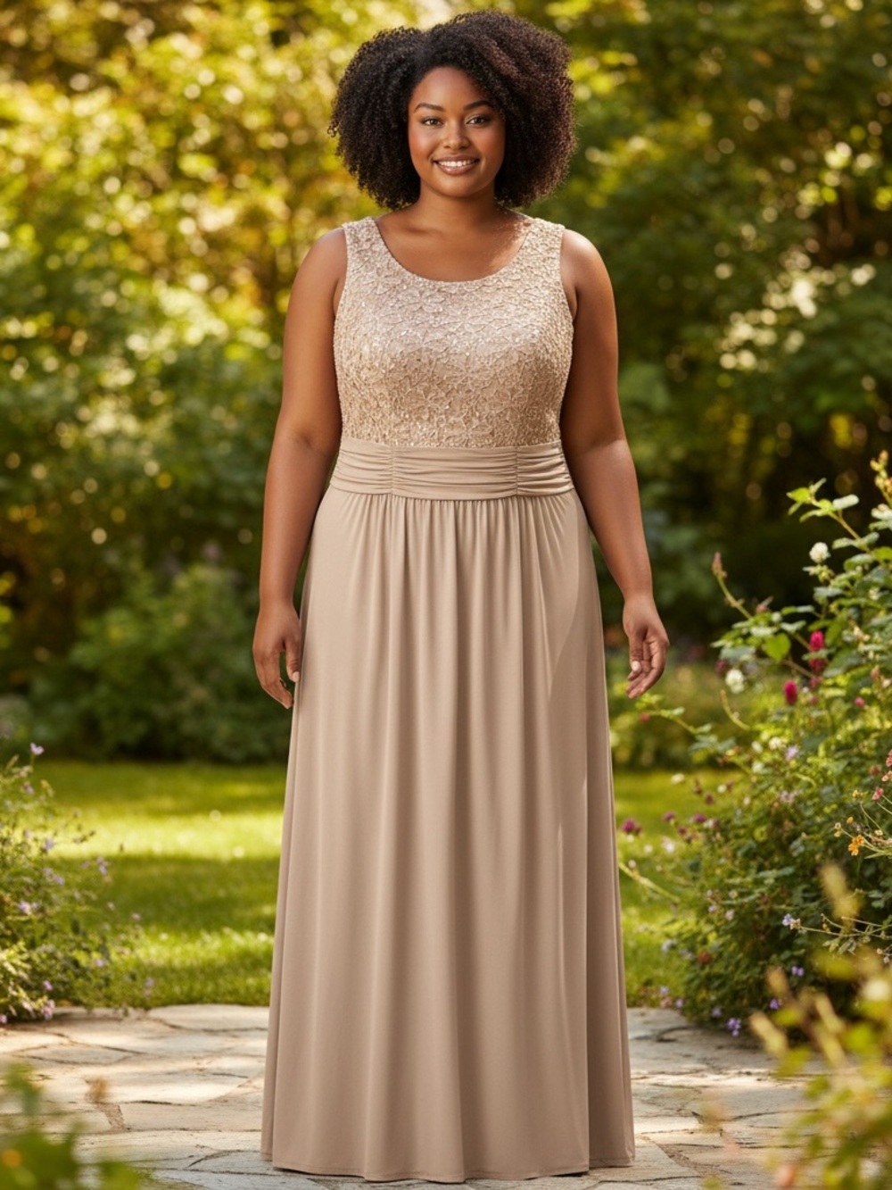 connected apparel Taupe Lace Bodice Sleeveless Maxi Dress